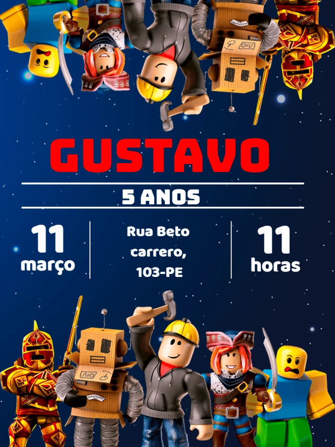 Convite de Aniversário Roblox com Personagens para Editar
