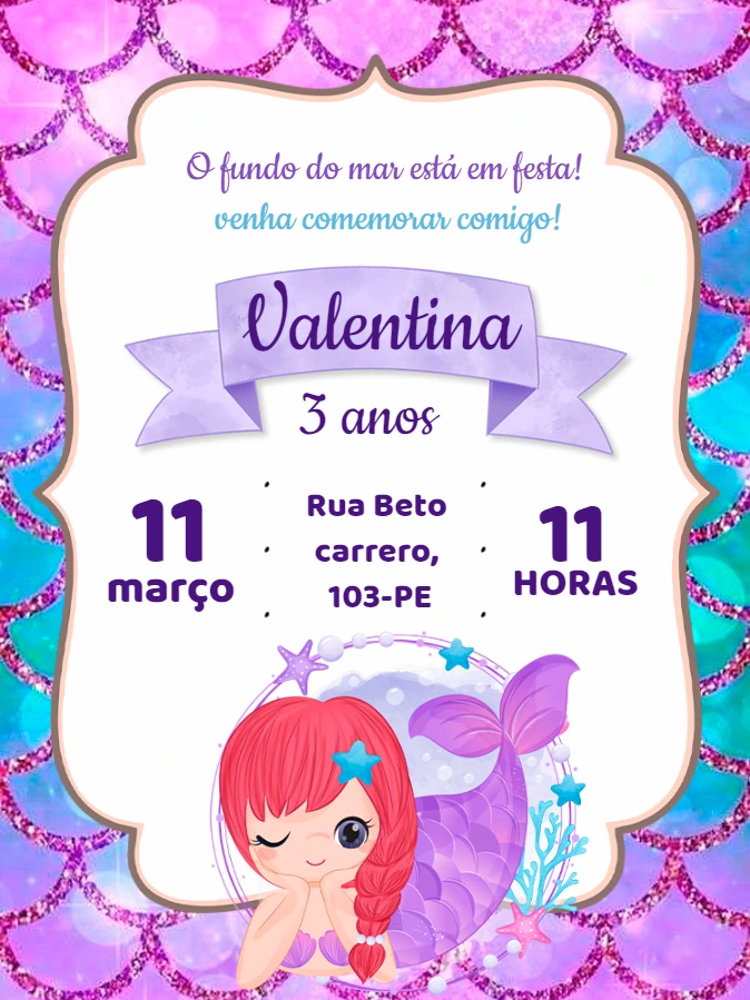 Convite Aniversário Sereia Baby Fundo do Mar para Editar Online