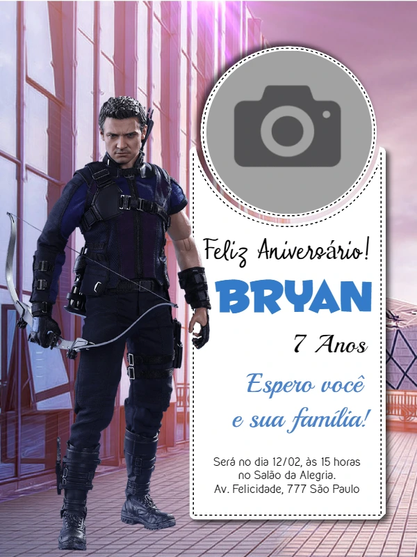 Convite de Aniversário Gavião Arqueiro com Foto para Editar