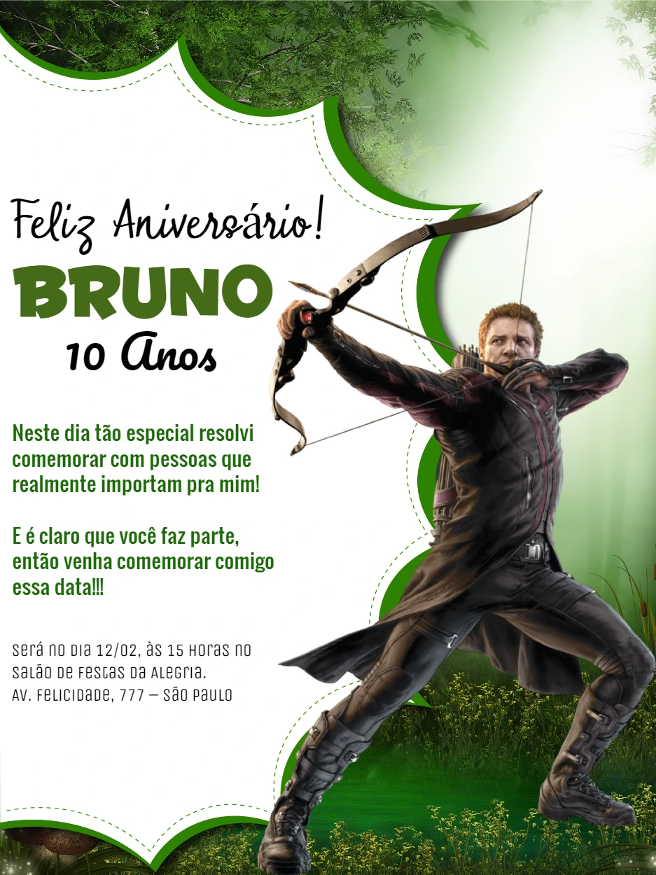 Convite de Aniversário Gavião Arqueiro para Editar Online