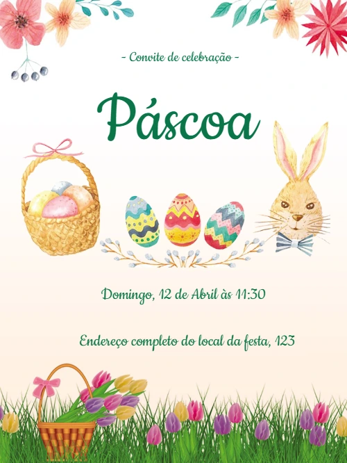 Convite de Páscoa com Coelhinho e Ovos para Editar Online
