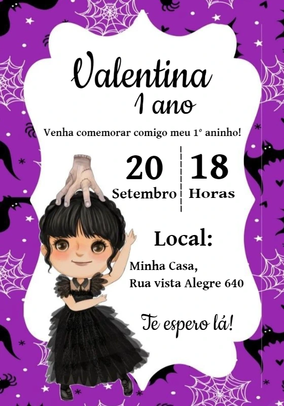 Convite Aniversário Wandinha para Editar Online