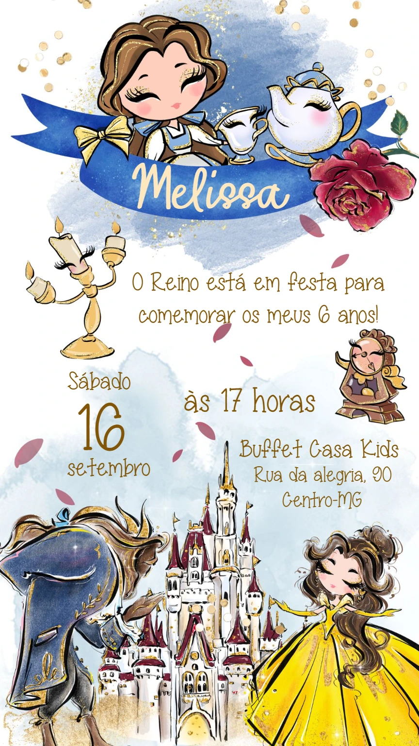 Convite de Aniversário A Bela e a Fera para Editar Online