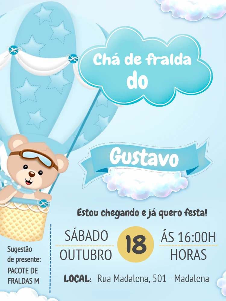 Convite Chá de Fralda Ursinho Baloeiro para Editar Online