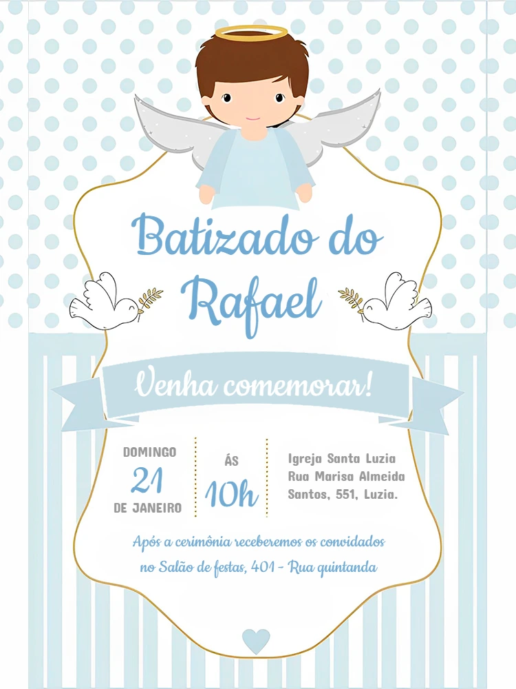 Convite de Batizado Menino Anjinho para Editar Online