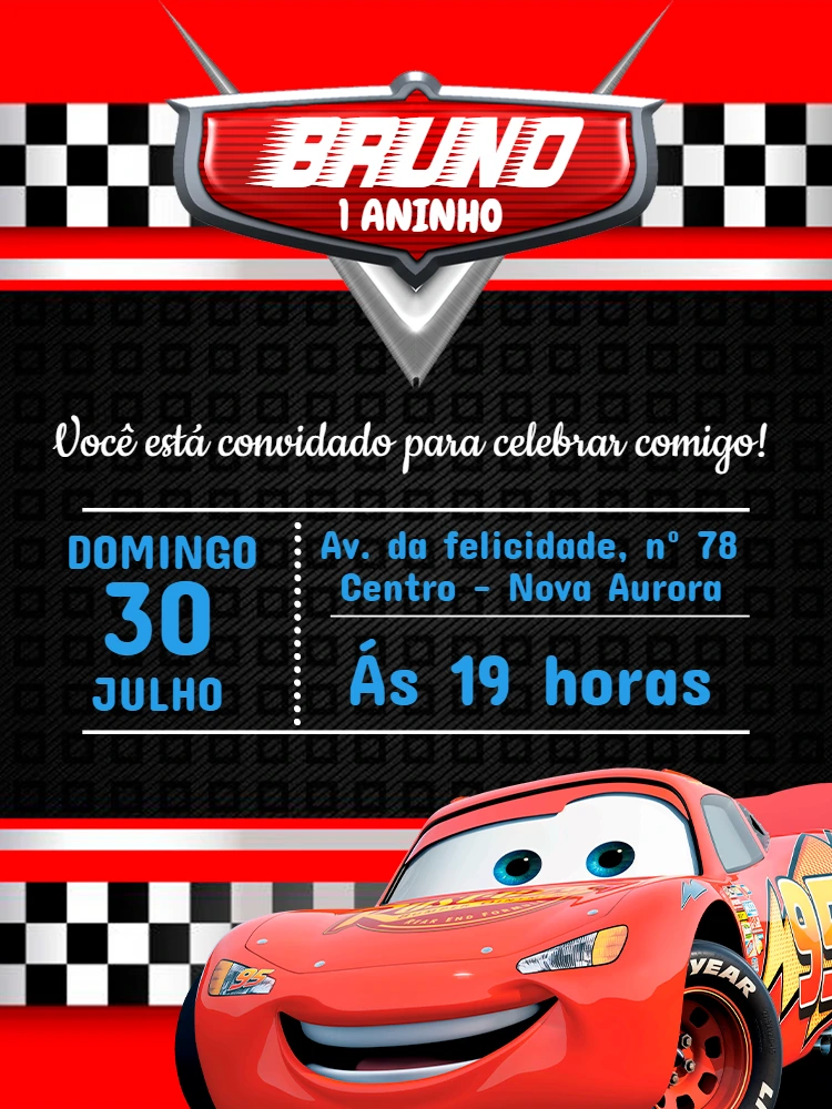 Convite Aniversário Carros Relâmpago Mcqueen para Editar Online