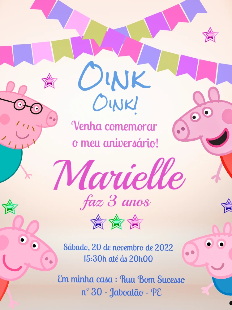Convite Aniversário Peppa Pig com a Família para Editar Online