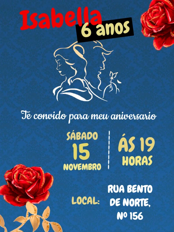 Convite de Aniversário A Bela e a Fera para Editar Online