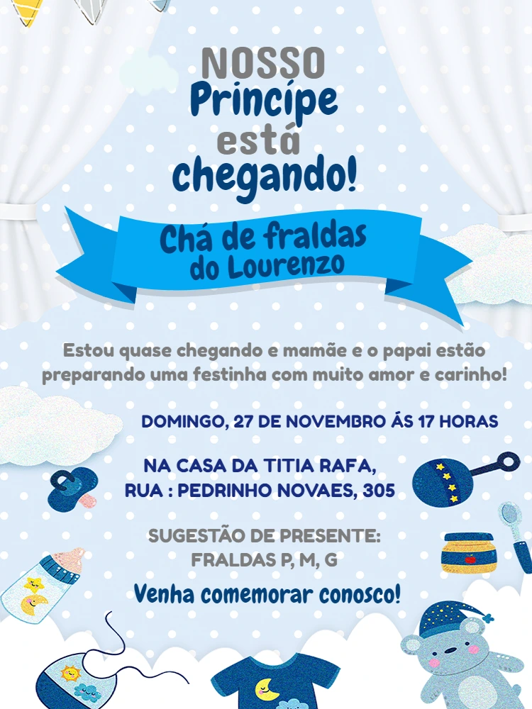 Convite Chá de Fraldas Ursinho Príncipe para Editar Online