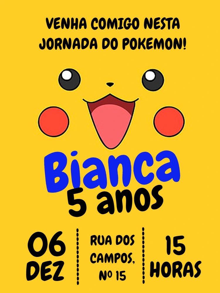 Convite de Aniversário Pikachu Pokémon para Editar Online
