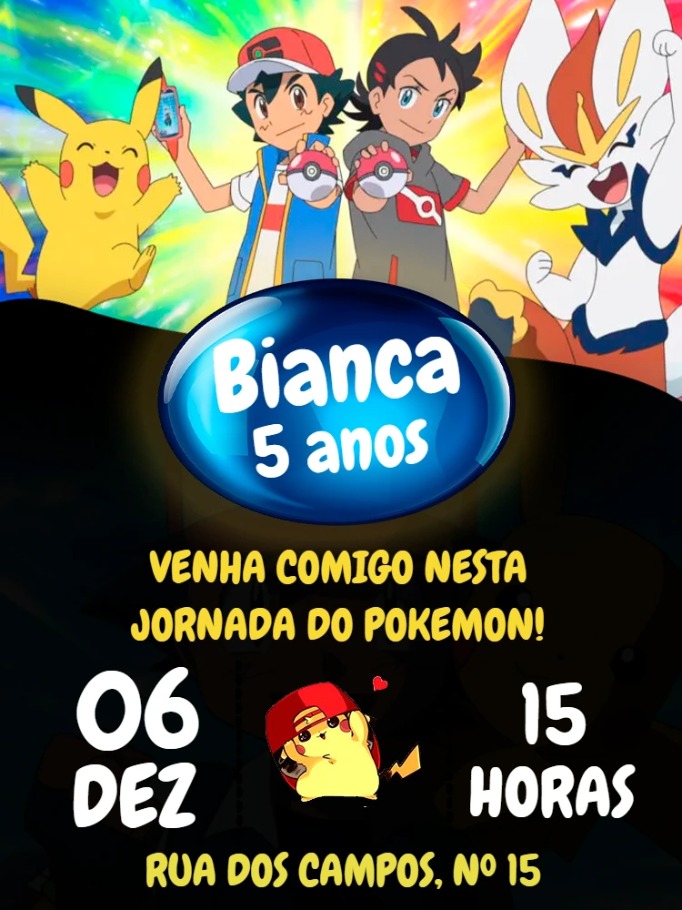 Convite de Aniversário Pokémon com Ash e Pikachu para Editar