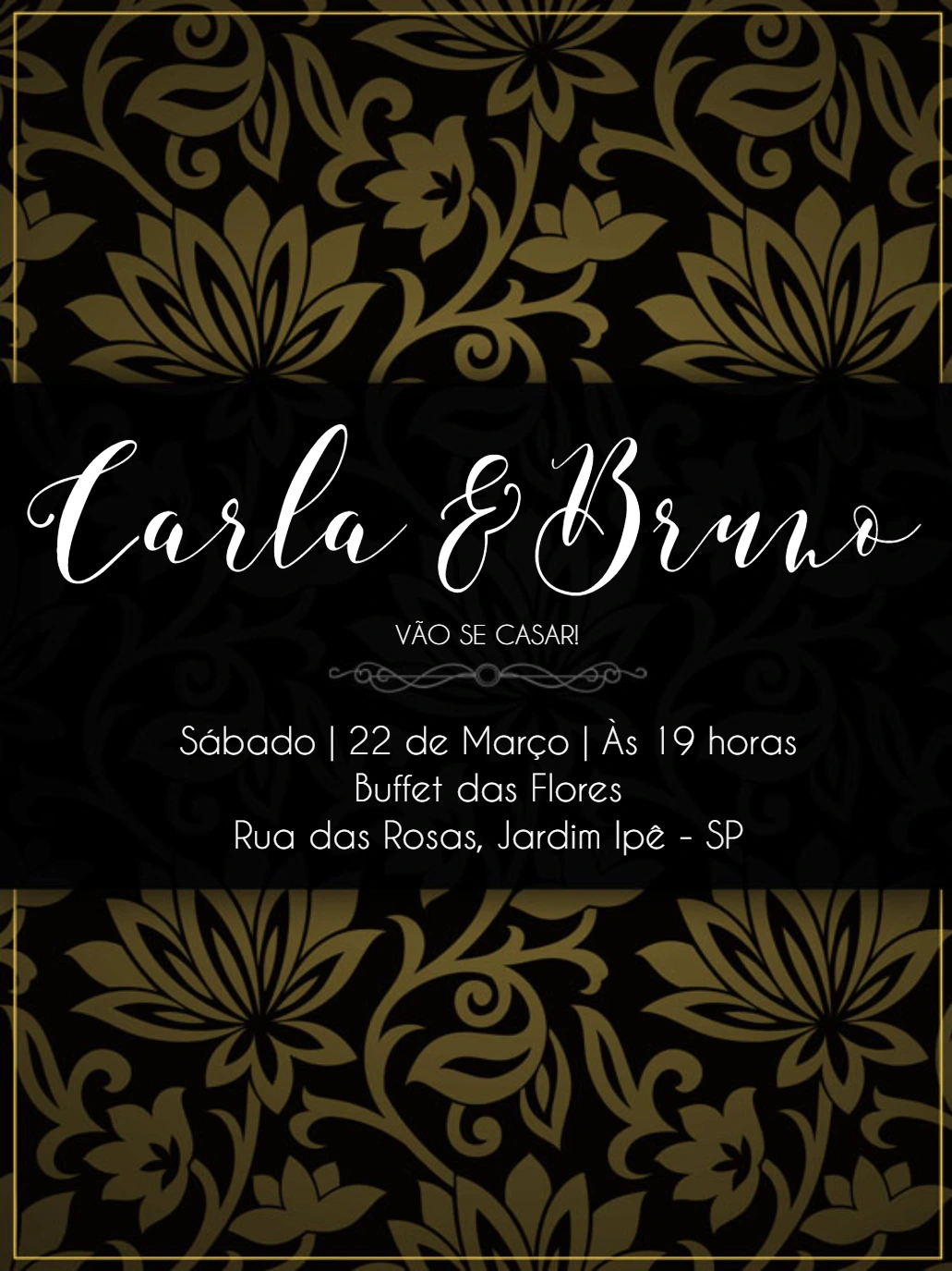 Convite de Casamento Provençal Preto e Dourado para Editar