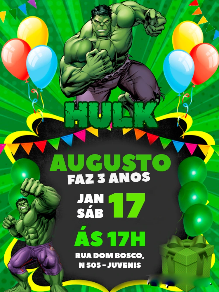 Convite de Aniversário Hulk Editável Online para Imprimir