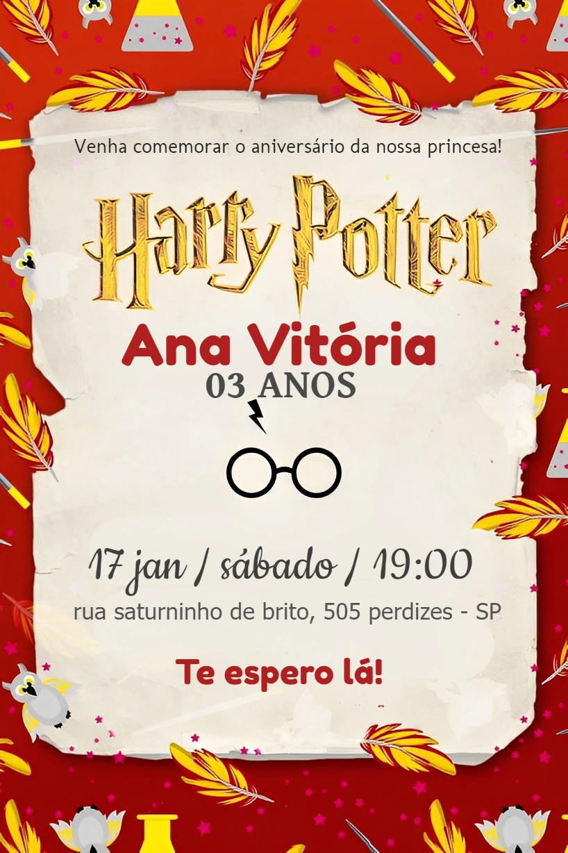 Convite de Aniversário Harry Potter para Editar Online