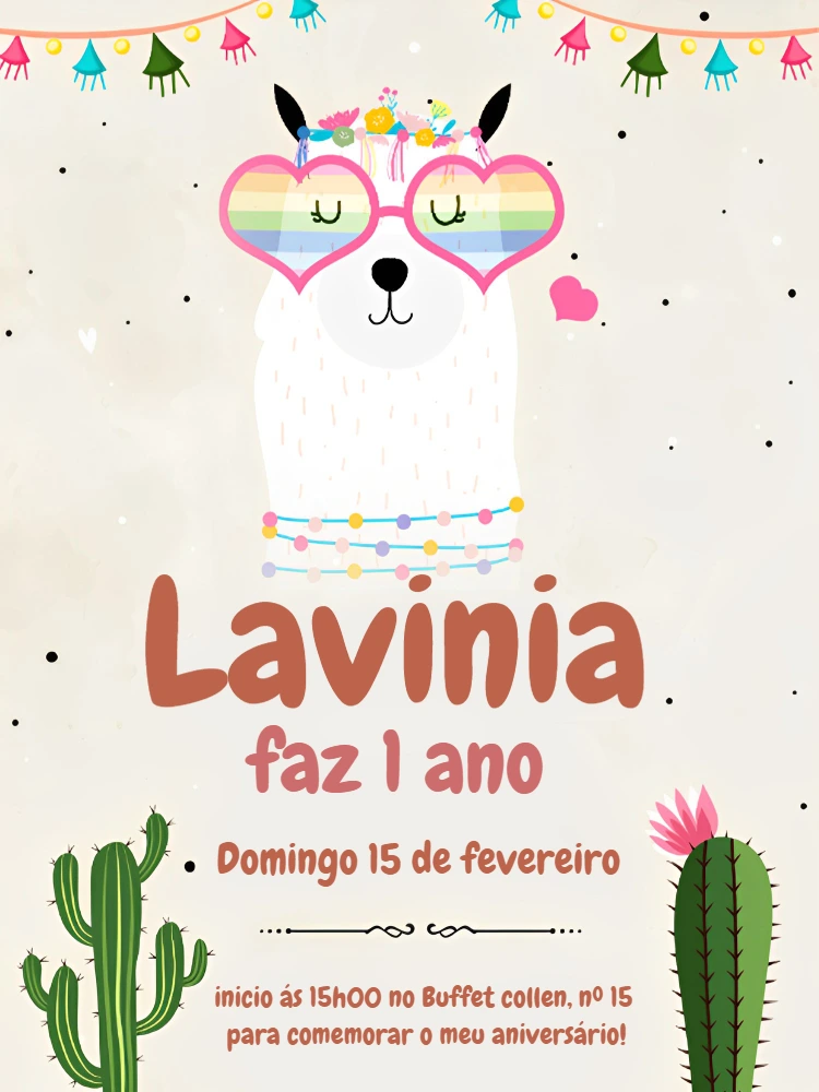 Convite de Aniversário Lhama Fofa para Editar Online