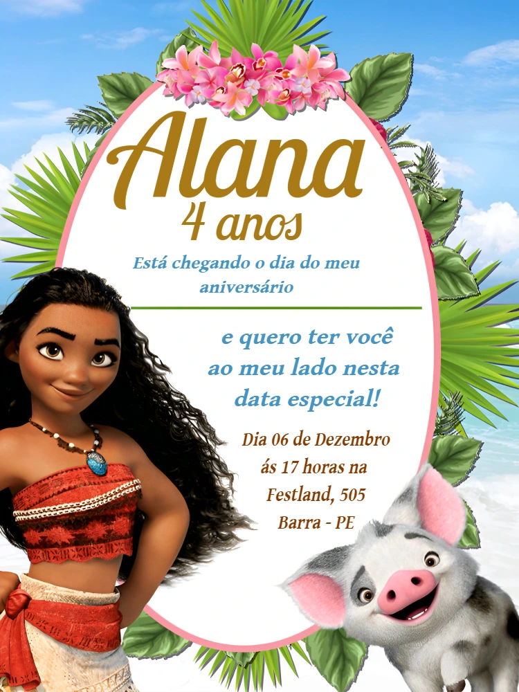 Convite de Aniversário Moana com Personagens para Editar Online