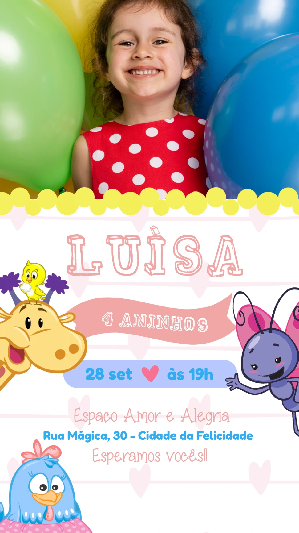 Convite Galinha Pintadinha com Foto para Editar Online