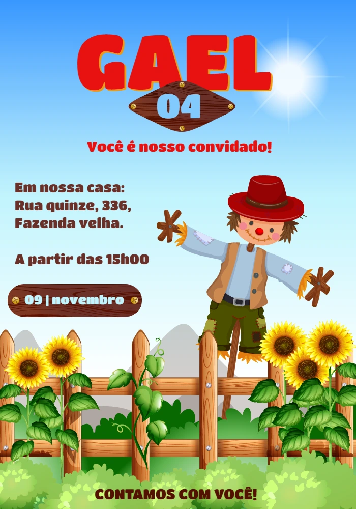 Convite Aniversário Espantalho Fazendinha para Editar Online