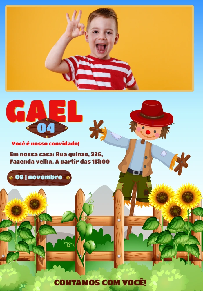 Convite Aniversário Espantalho com Foto para Editar Online
