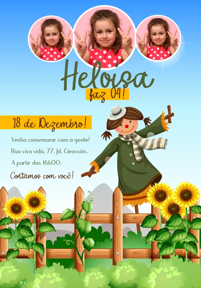 Convite Aniversário Espantalho com Foto para Editar Online
