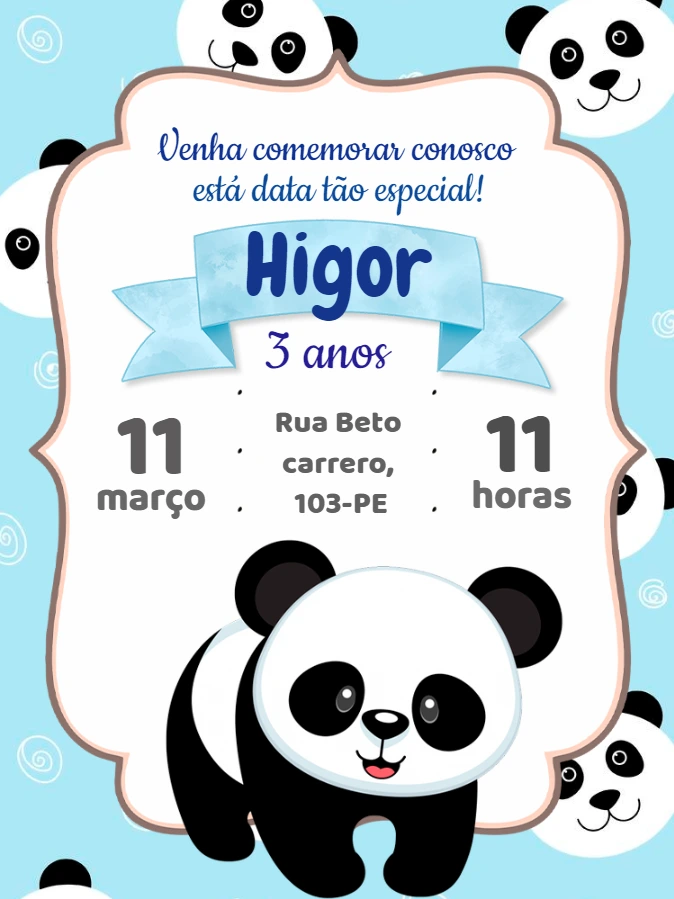 Convite de Aniversário Tema Panda para Editar Online