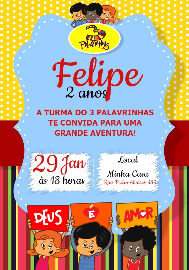 Convite de Aniversário 3 Palavrinhas para Editar Online