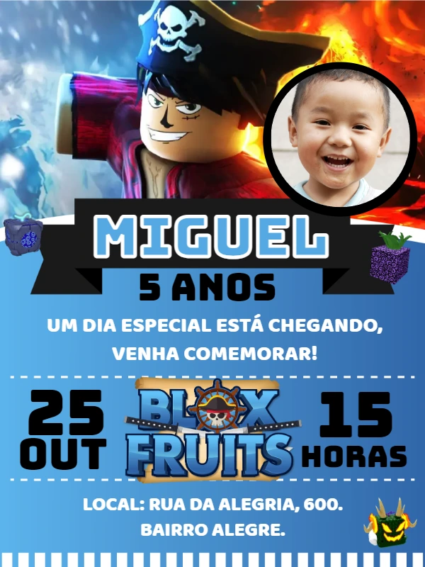 Convite de Aniversário Blox Fruits com Foto para Editar Online
