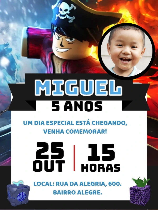 Convite Aniversário Blox Fruits com Foto para Editar Online