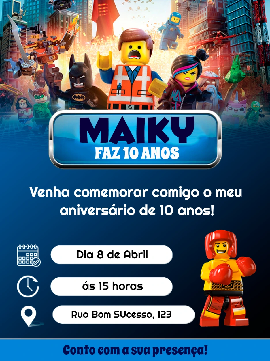 Convite de Aniversário Lego com Personagens para Editar Online