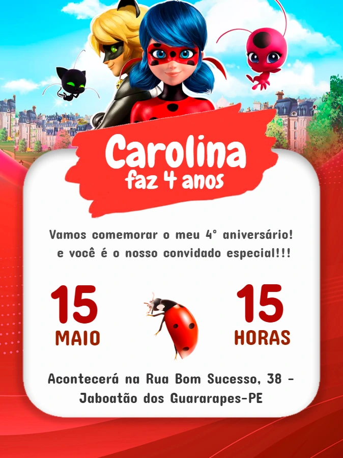 Convite de Aniversário Miraculous Ladybug e Cat Noir para Editar