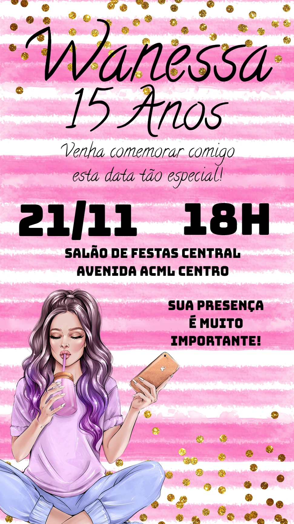 Convite de 15 Anos Moderno com Glitter para Editar Online