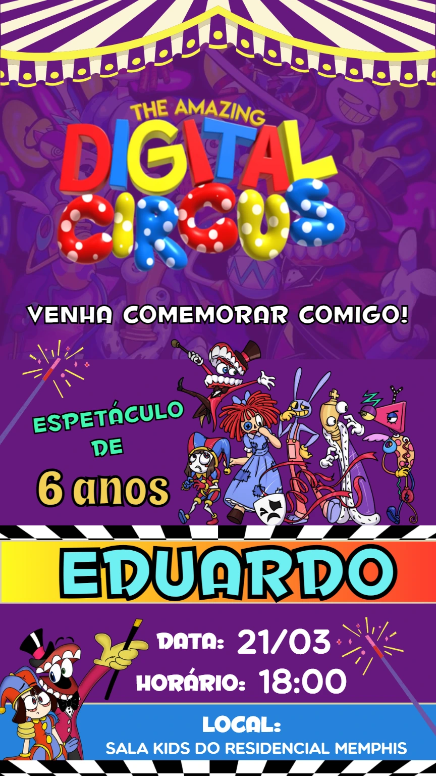 Convite Aniversário Circo Digital com Personagens para Editar