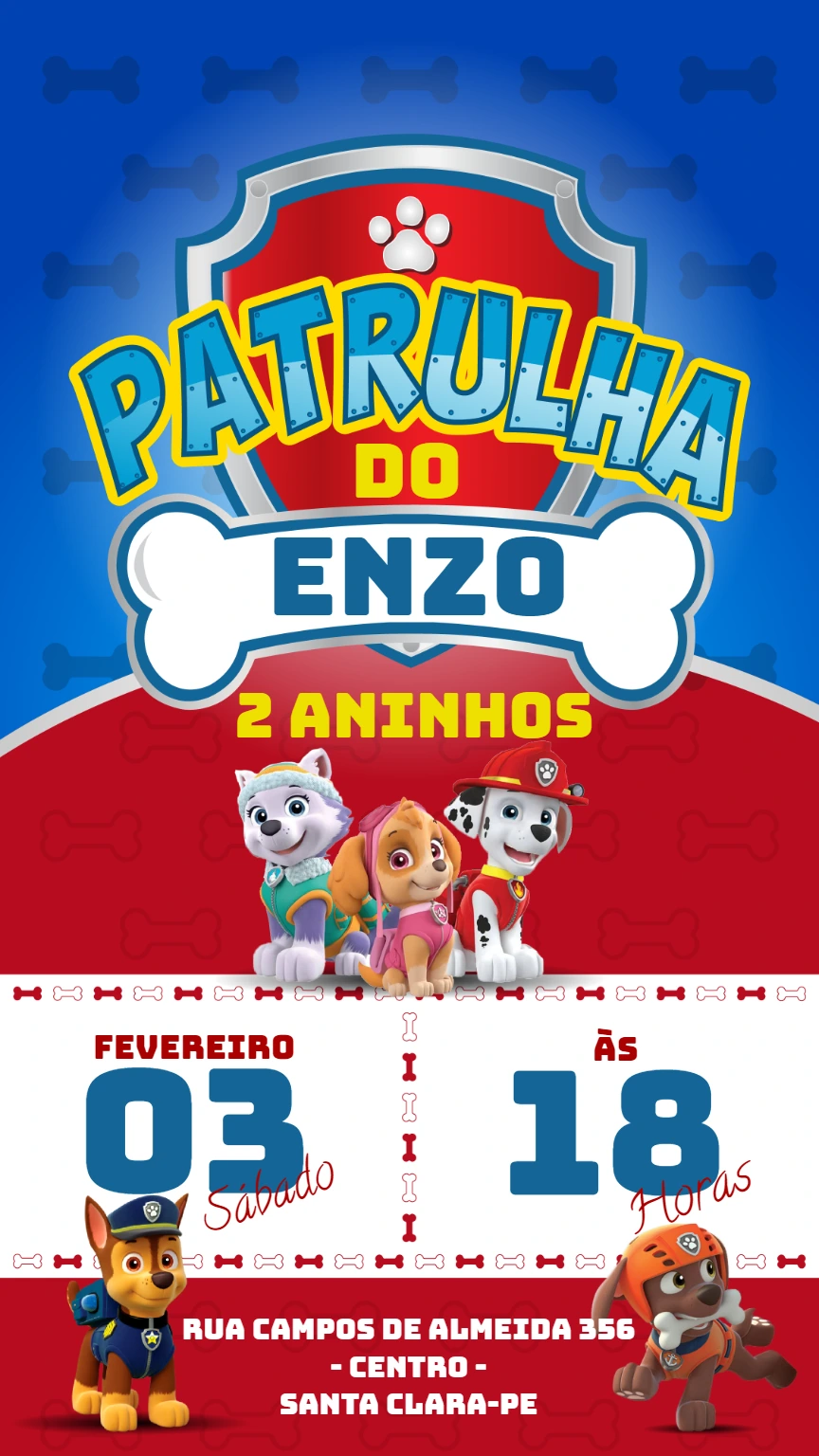Convite de Aniversário Patrulha Canina para Editar Online