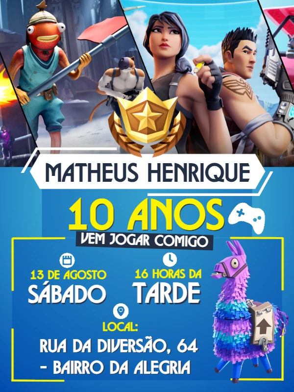 Convite de Aniversário Fortnite com Personagens para Editar