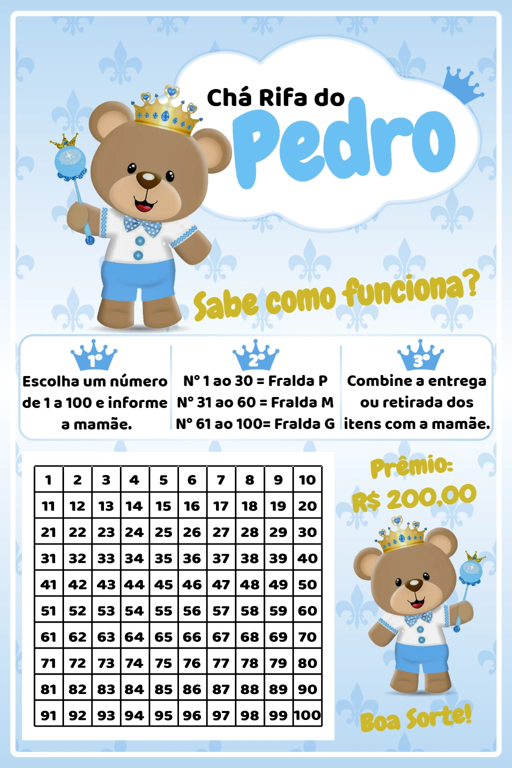 Convite Chá Rifa Ursinho Príncipe para Editar Online