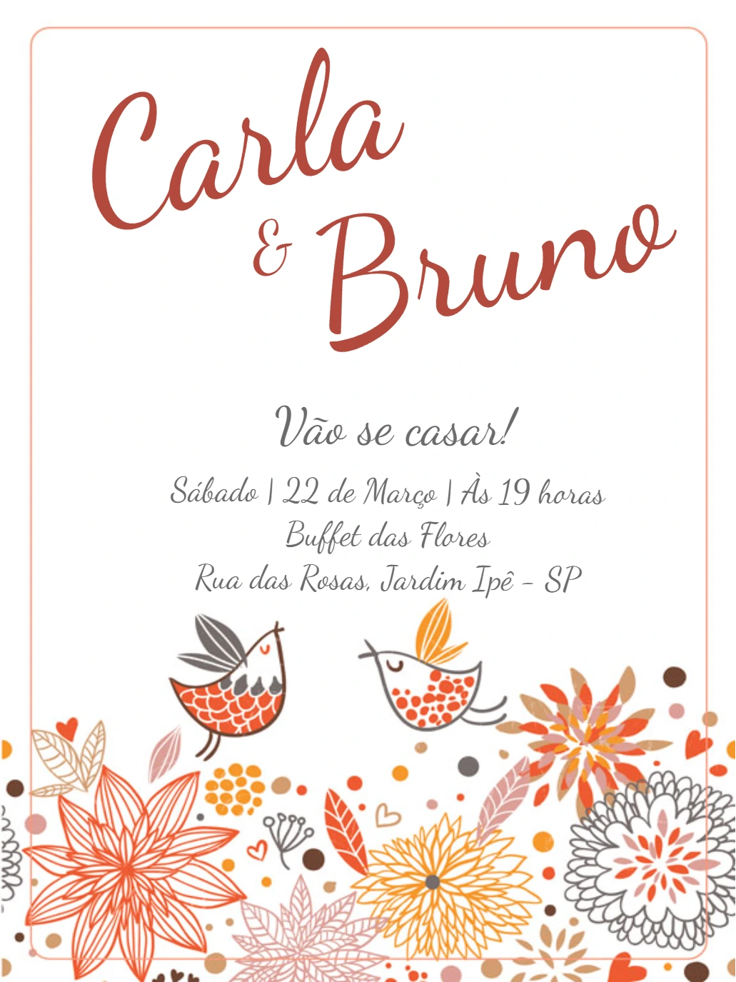 Convite de Casamento Floral com Pássaros para Editar Online