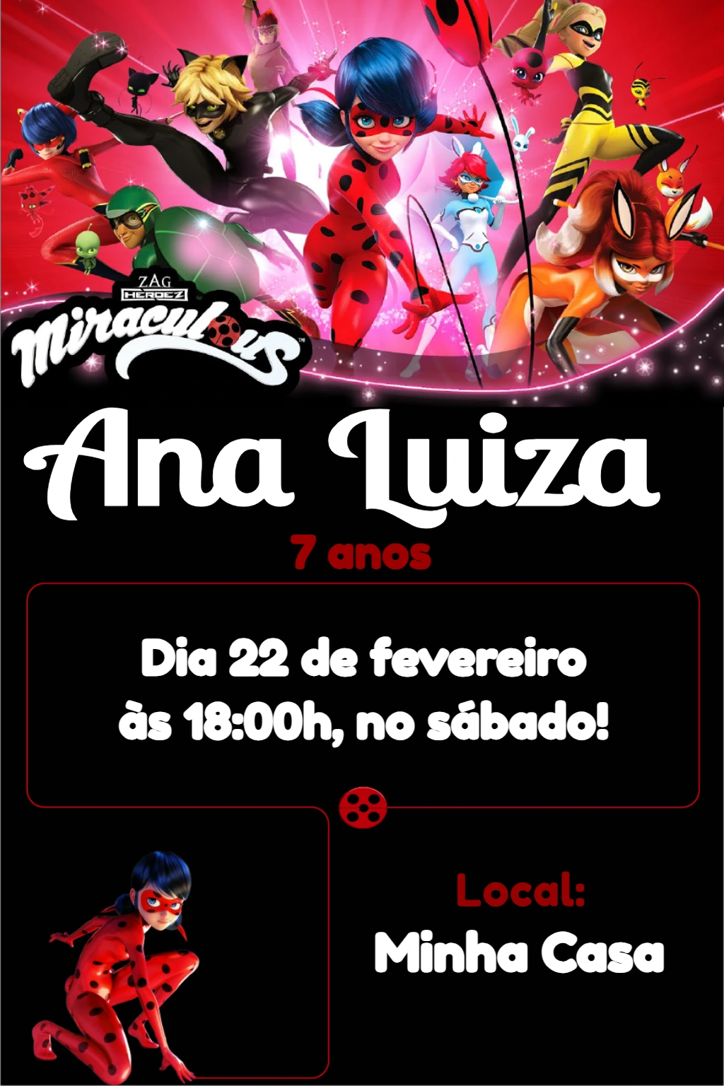 Convite de Aniversário Miraculous Lady Bug para Editar Online