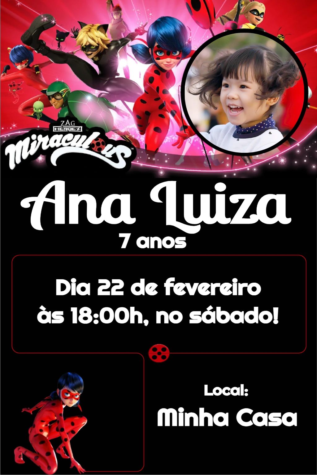 Convite Aniversário Ladybug com Foto para Editar Online