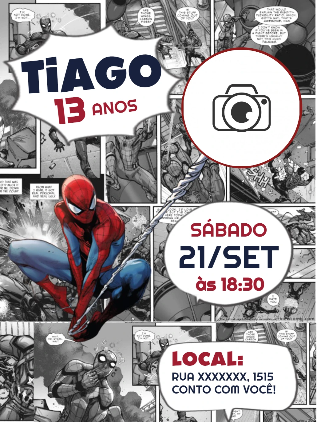 Convite Aniversário Homem-Aranha Quadrinhos com Foto para Editar