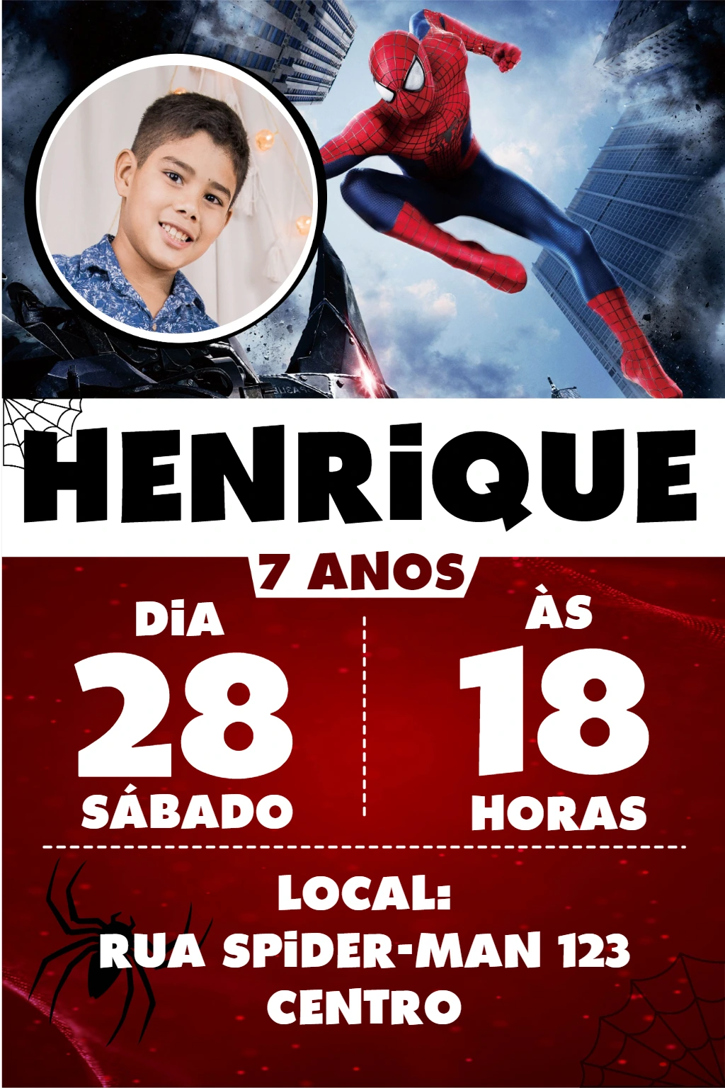 Convite Aniversário Homem Aranha com Foto para Editar Online