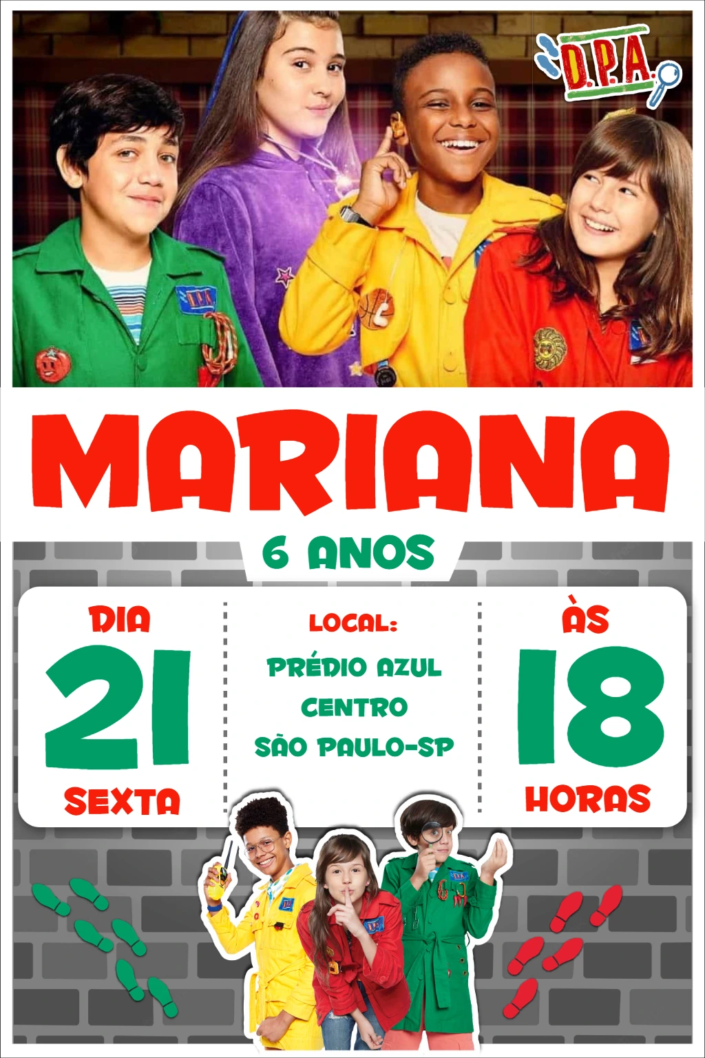 Convite de Aniversário D.P.A. com Personagens para Editar