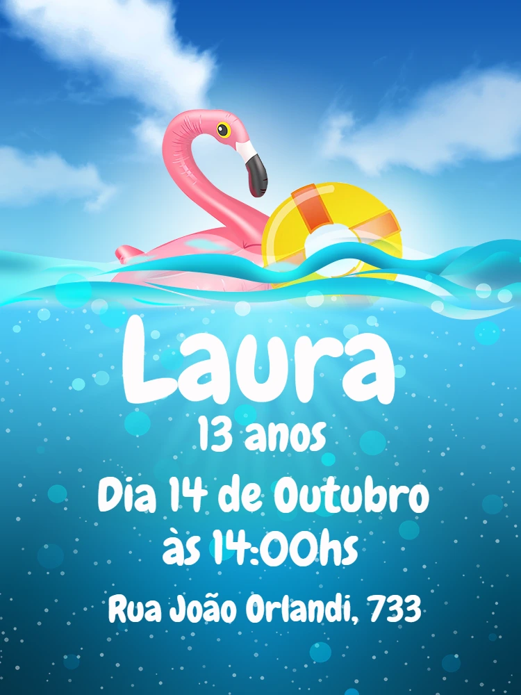 Convite de Aniversário Pool Party com Flamingo para Editar Online