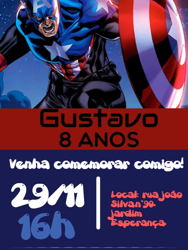 Convite de Aniversário Capitão América para Editar e Imprimir