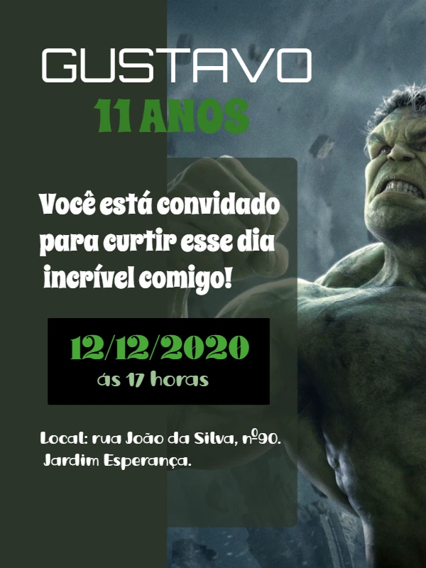 Convite de Aniversário Hulk para Editar Online