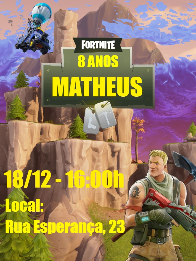 Convite de Aniversário Fortnite com Personagens para Editar Online