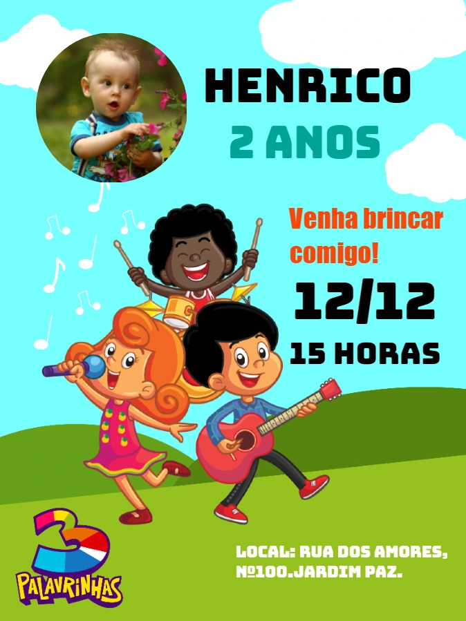 Convite Aniversário 3 Palavrinhas com Foto para Editar Online