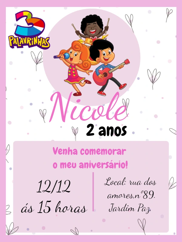 Convite de Aniversário 3 Palavrinhas para Editar Online
