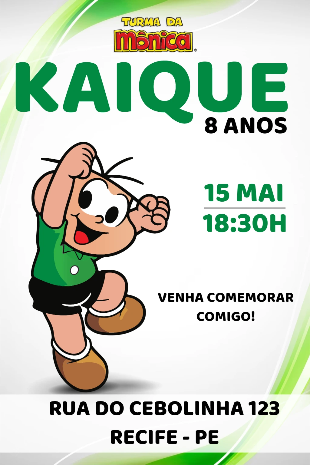 Convite Aniversário Cebolinha Turma da Mônica para Editar