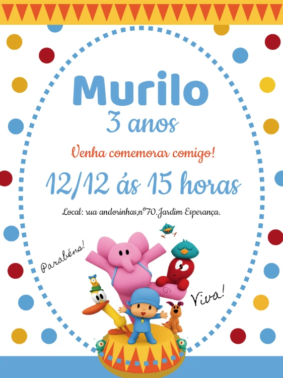 Convite de Aniversário Pocoyo com toda a Turma para Editar
