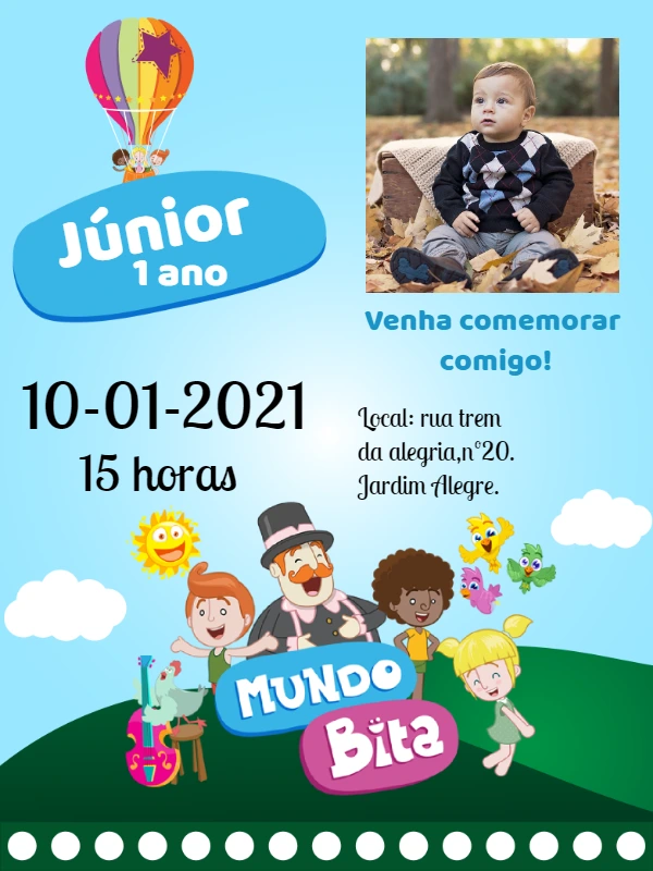Convite Aniversário Mundo Bita com Foto para Editar Online